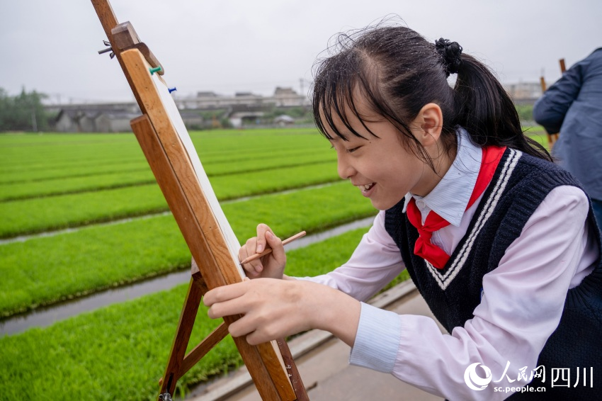 在老師指導下，學生們在秧田中寫生。翁光建攝